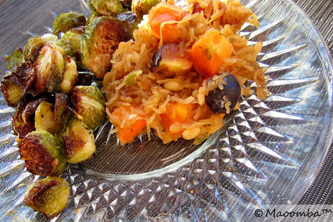 Farmers’ market fare – roasted brussels sprouts and sautéed spaghetti squash with heirloom tomatoes, garden oregano, pine nuts, and a touch of balsamic vinegar