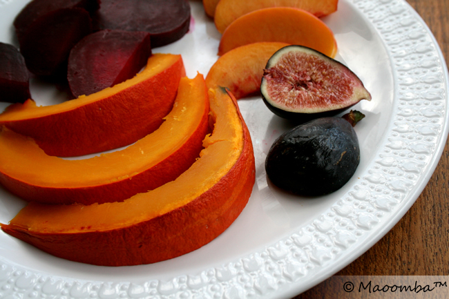 A simple plate: Chilled, roasted beets and squash with fresh peaches and figs.