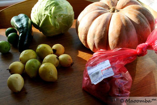 limes, cabbage, pasilla pepper, guava, and chicken gizzards