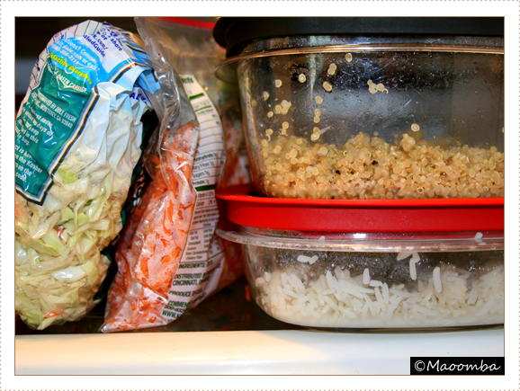 Leftovers - pre-prepared rice and quino and fresh shredded veg in the fridge