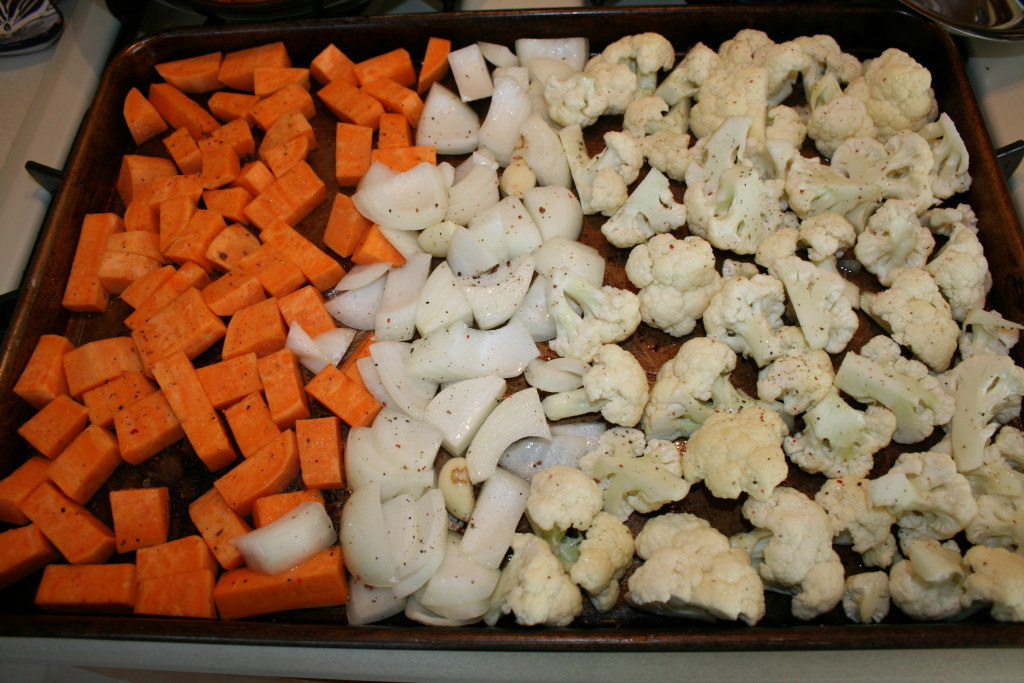 Roasted, curried cauliflower soup Ingredients - before roasting