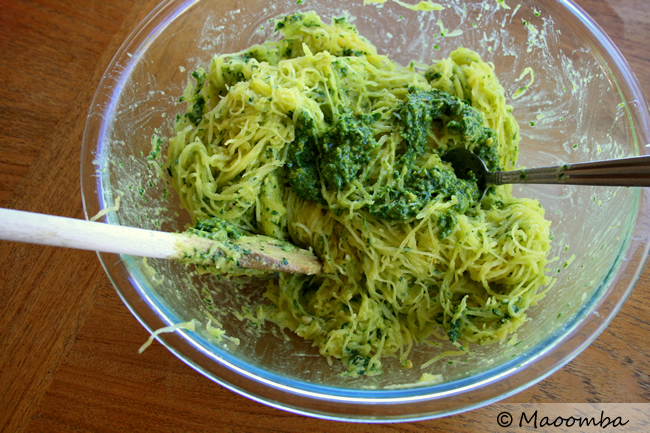 6 stir pesto into spaghetti squash