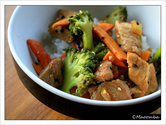 Teriyaki pork with steamed broccoli, sweet potatoes and onions